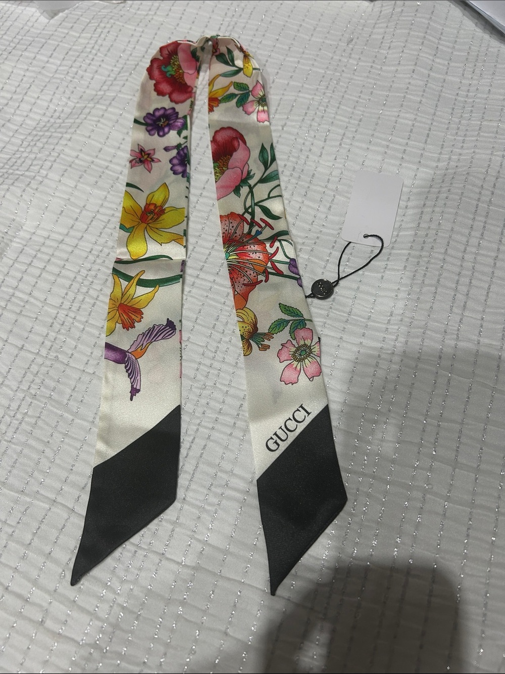 Gucci Floral Silk Twilly in Cream with Black Tips